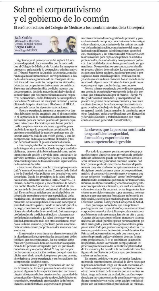 En estos días de nombramientos en el #SESPA, merece la pena recordar que los puestos directivos deben valorarse por capacidad, formación y experiencia en gestión, no por corporativismo. Relectura recomendable de este artículo de <a href="/Montecoya/">Sergio Calleja</a> y <a href="/rcofinof/">Artemio Rulán</a> 
lne.es/opinion/2022/0…