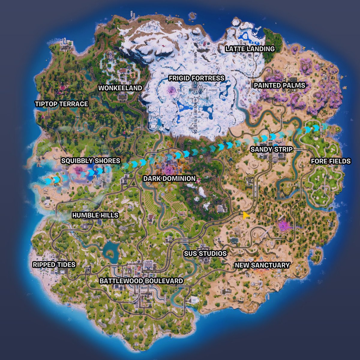 SentinelCentral's tweet photo. All replaced POIs in #Fortnite: Showdown (CH7S2)

Bumpy Bay
➥ Squibbly Shores

Clawsy Lodge
➥ Frigid Fortress

Classified Canyon
➥ New Sanctuary 

Lethal Labs
➥ Dark Dominion 

Latte Landing survives! ☕️ https://t.co/vpXZn1w3aG