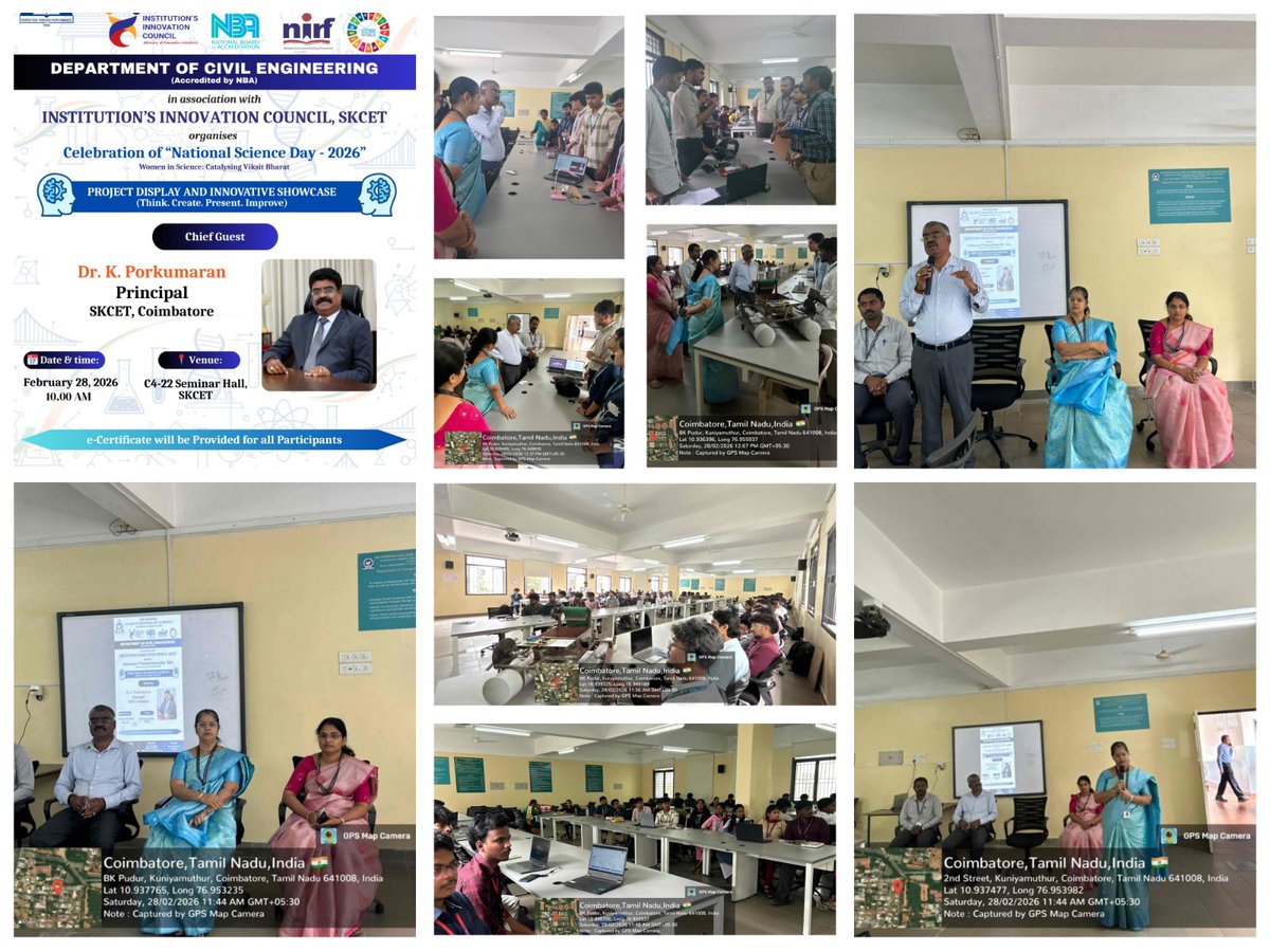 SKCET – Department of Civil Engineering
in association with
SKCET Institution’s Innovation Council (IIC)
Successfully organized
🔬✨ Celebration of National Science Day – 2026 ✨
🎙 Chief Guest:
Dr. K. Porkumaran
Principal, SKCET, Coimbatore
<a href="/PorkumaranK/">PORKUMARAN K</a> 
#skcet