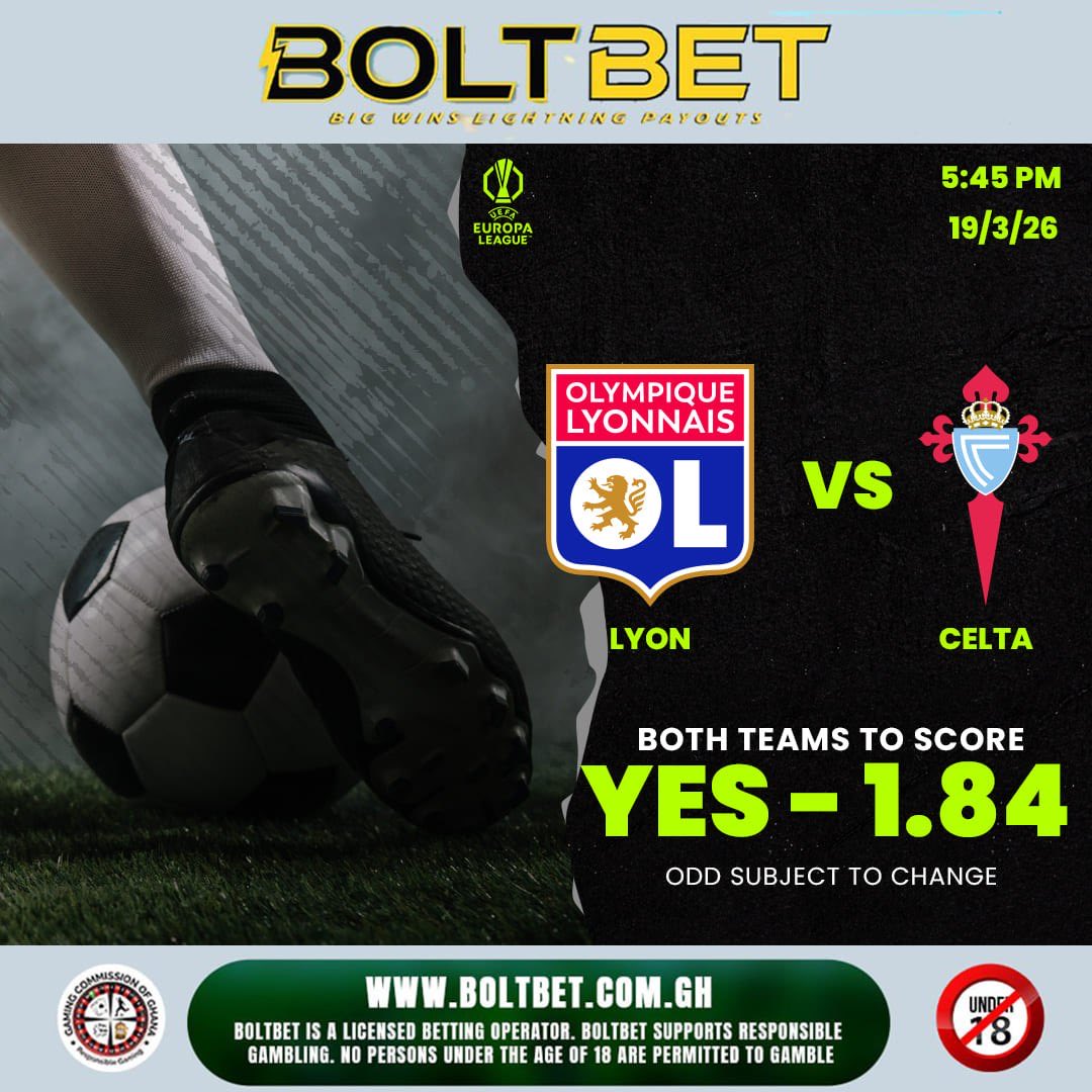 BoltbetGhana's tweet image. Olympique Lyonnais vs Celta Vigo 🔥

Back Both Teams To Score (YES) and get in on the action now 👉 boltbet.com.gh/sports/match/f…

Do you see this ending in a high-scoring draw or a clear winner?

#EuropaLeague #BoltBet #FootballOdds