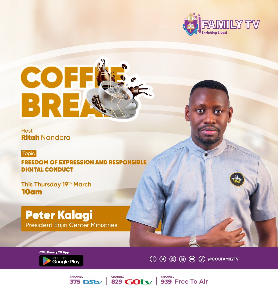 coufamilytv's tweet photo. When does online expression become harmful or unacceptable?
Peter Kalagi, the president of "Enjiri Center Ministries", on the #COFFEEBREAK will be giving his view on the matter, among other issues. #FamilyTv #ComputerMisuseAct https://t.co/zTTIjWSLSy