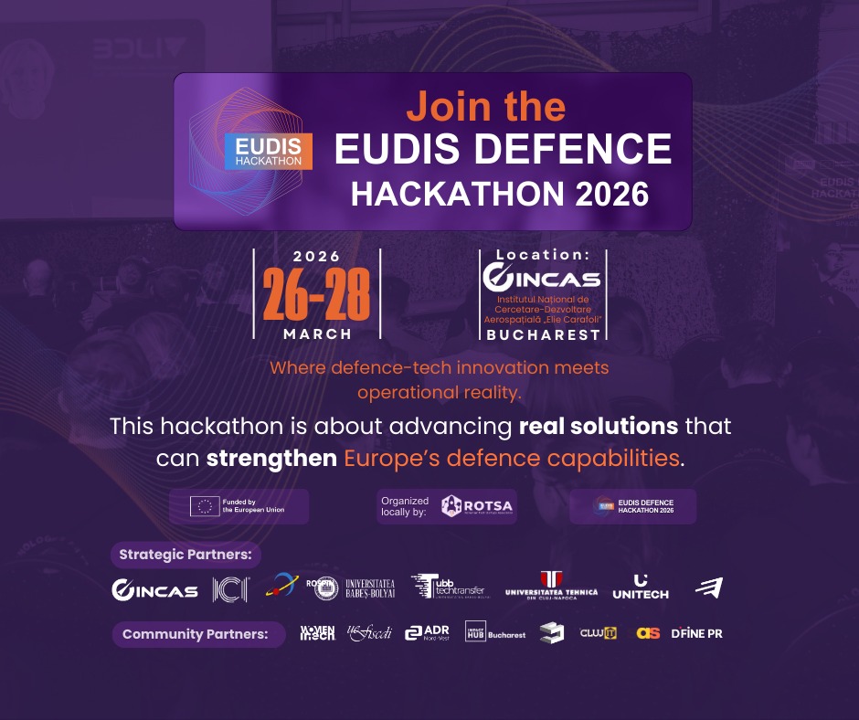 UBBTechTransfer's tweet photo. Ești gata să construiești viitorul apărării aeriene? Înscrie-te la EUDIS Defence Hackathon 2026, organizat de ROTSA. Ce primești: 
📷 10.000 € dintr-un pachet total de 20.000 €
📷 Networking 
📷 26–28 martie | București 
📷 Deadline înscrieri: 20 martie! https://t.co/EyEJ66vblX https://t.co/ry1OwGHChn