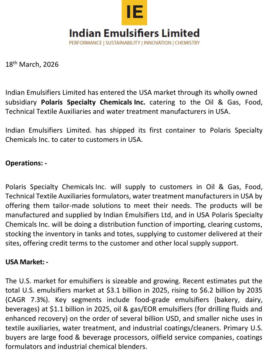 investormusings's tweet image. #Indian #Emulsifiers
MCap 134cr LTP 73

Co. has entered the  U.S. market via Polaris Specialty Chemicals. First container shipped to capture opportunity in Oil &amp;amp; Gas and Food sectors. 

Looks interesting.

No reco. DYOR.

#IEML #SpecialtyChemicals #GlobalTrade