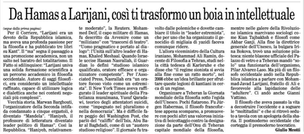 È tutta colpa di Kant e Cartesio che trasformano un boia in un intellettuale... #Larijani e i carnefici di #Hamas in combattenti <a href="/giuliomeotti/">Giulio Meotti</a> <a href="/ilfoglio_it/">Il Foglio</a>