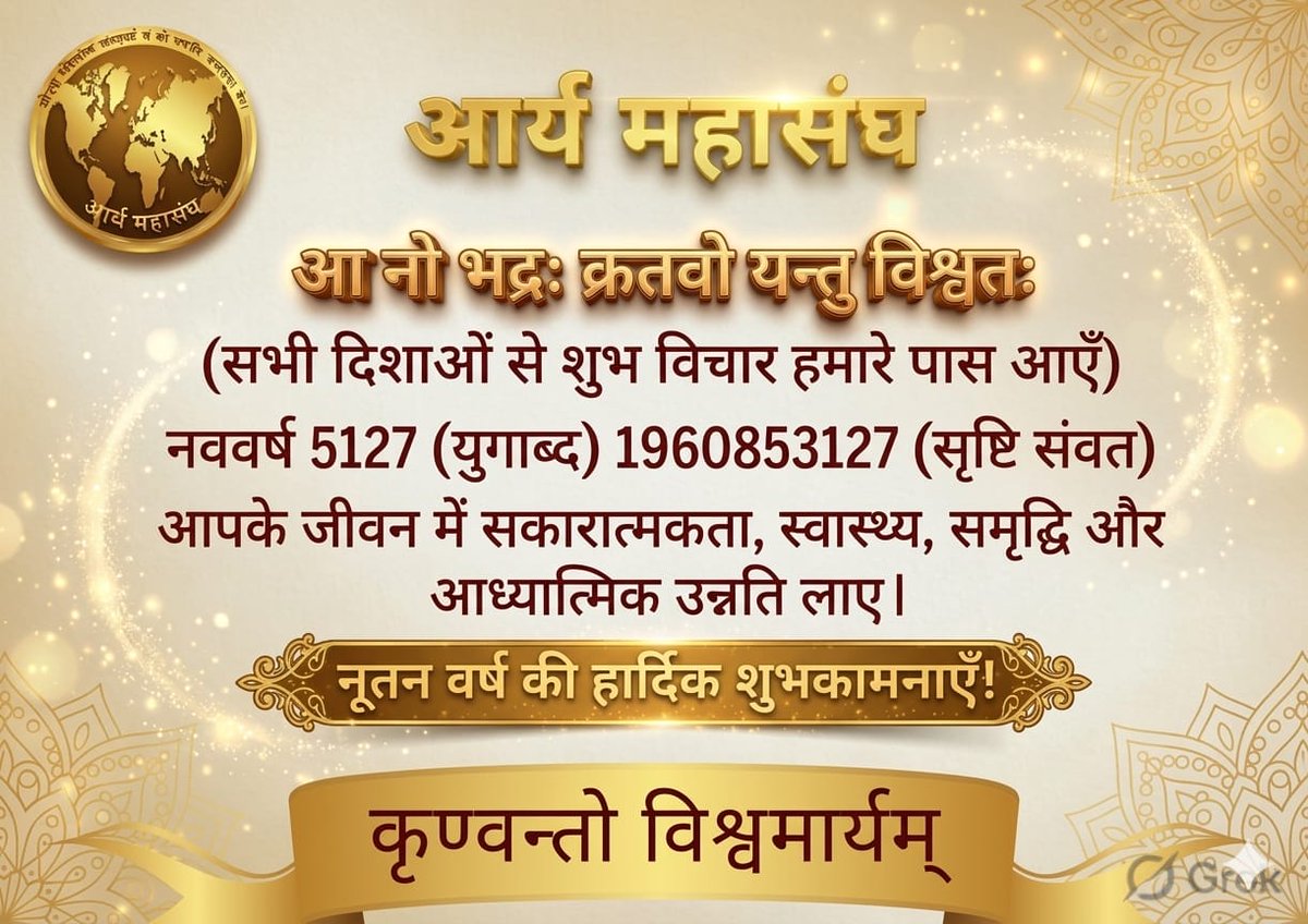 सृष्टि संवत 1,96,08,53,127 चैत्र शुक्ल प्रतिप्रदा, विक्रमी संवत 2083, नववर्ष एवं आर्य समाज के स्थापना दिवस की हार्दिक शुभकामनाएं।