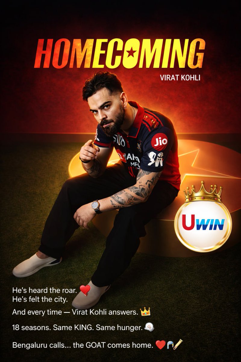 UwinSports12's tweet photo. He’s heard the roar. 🗣
He’s felt the city. ❤️
18 seasons. Same KING. Same hunger. 👑🔥
Bengaluru calls… the GOAT answers. 🏏❤️🔥
Season 19 isn’t over. Click link in bio!
#PlayBold #RCBForever #KingKohli #IPL2026 #Uwin https://t.co/jQ03CdGbyr