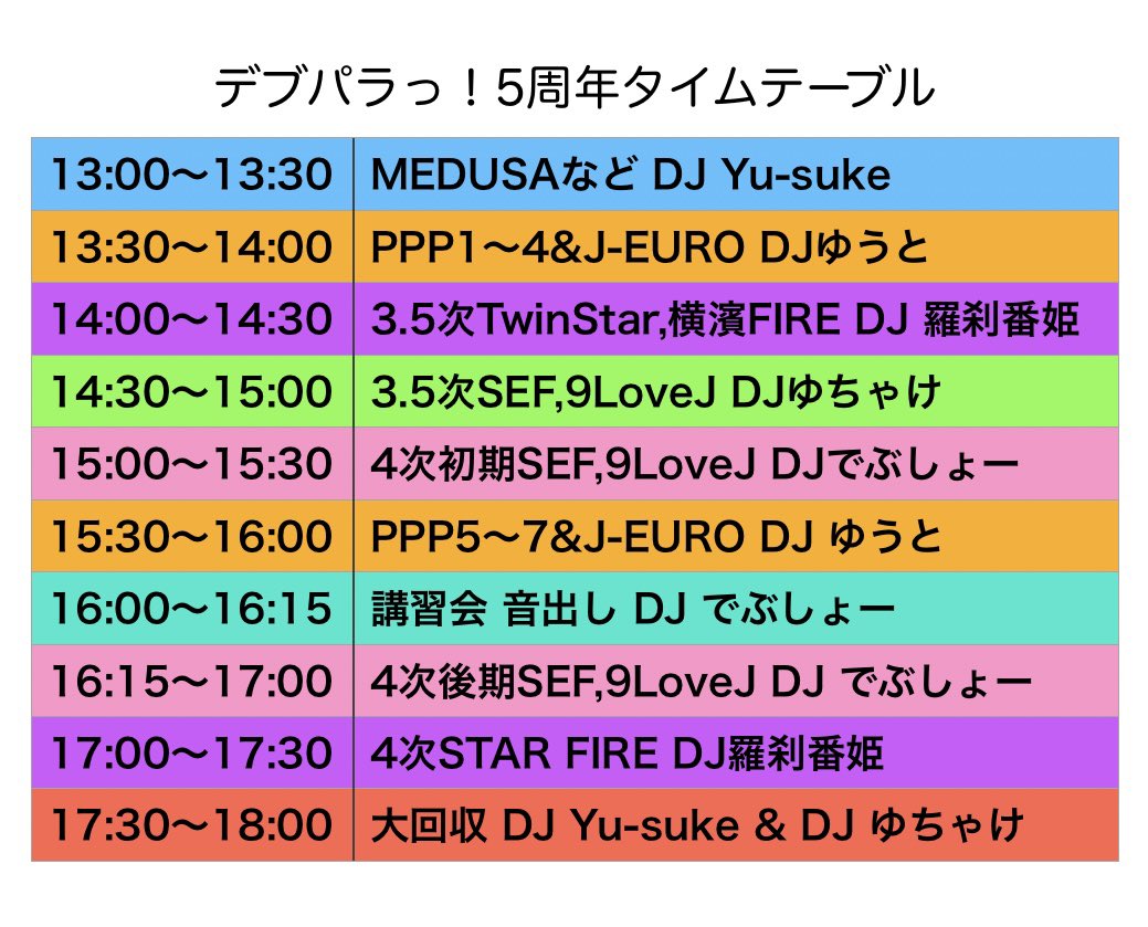 いよいよ明日はデブパラっ！5周年！
3次と4次を思う存分楽しんでもらえるようタイムテーブルこんな感じにしました！
皆さん講習会間に合うように来てくれたら嬉しいです🥺
それでは明日九州男さんでお待ちしてます！