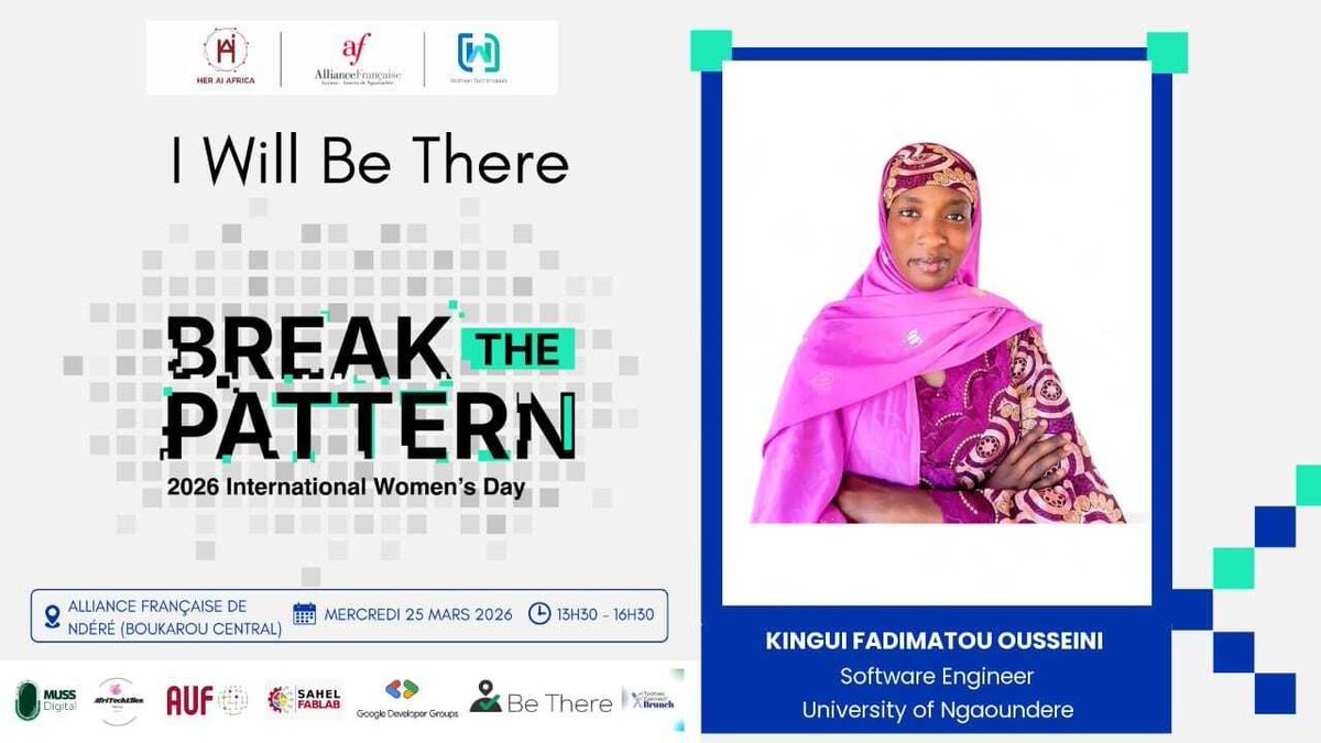 WTMndere's tweet photo. Vous souhaitez montrer votre participation à la #IWD26 qui se tiendra le 25 mars à l'AF_Ngaoundere ?
Cliquez ici  https://t.co/y1I8Pl1aRv et créez votre visuel pour afficher fièrement votre participation. Merci à #BeThere d'avoir rendu cela possible.
#BreakThePattern #WomenInTech https://t.co/JHf3bZ1zkn