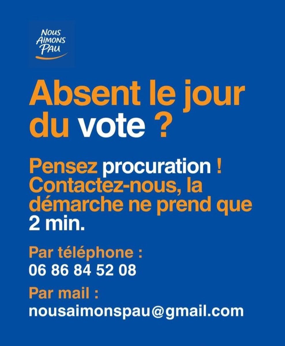 Ce dimanche, votre voix décidera de l’avenir de votre ville pour les 7 prochaines années. 

Alors pour ne pas revenir en arrière, et si vous êtes absent le jour du vote, contactez nous pour donner procuration et faire de Pau une ville unique à vivre !