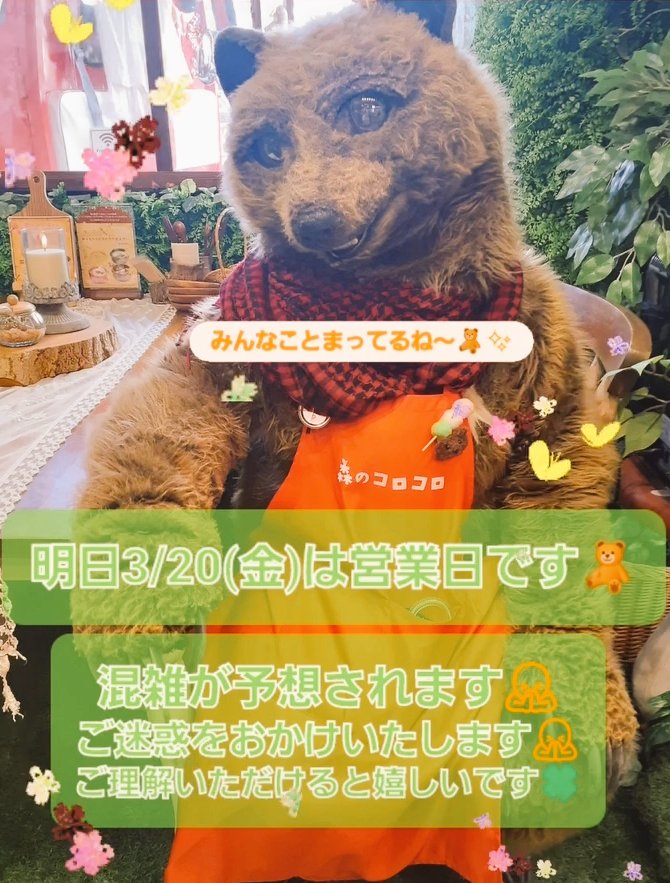 あしたはえきぎょうび.ᐟ.ᐟ.ᐟ
さいきんたくさんおきゃくさんきてくれてうれしい✨
でもおまたせすることおおくてごめんね🧸
マーチーとのおはなしやもりのふんいきをたのしんでもらえたらうれしいな🧸🌳✨
みんなまってるね.ᐟ.ᐟ🧸✨

🌳🌳🌳🌳🌳🌳🌳🌳🌳🌳
  
🧸森のコロコロカフェ☕
  
月・金