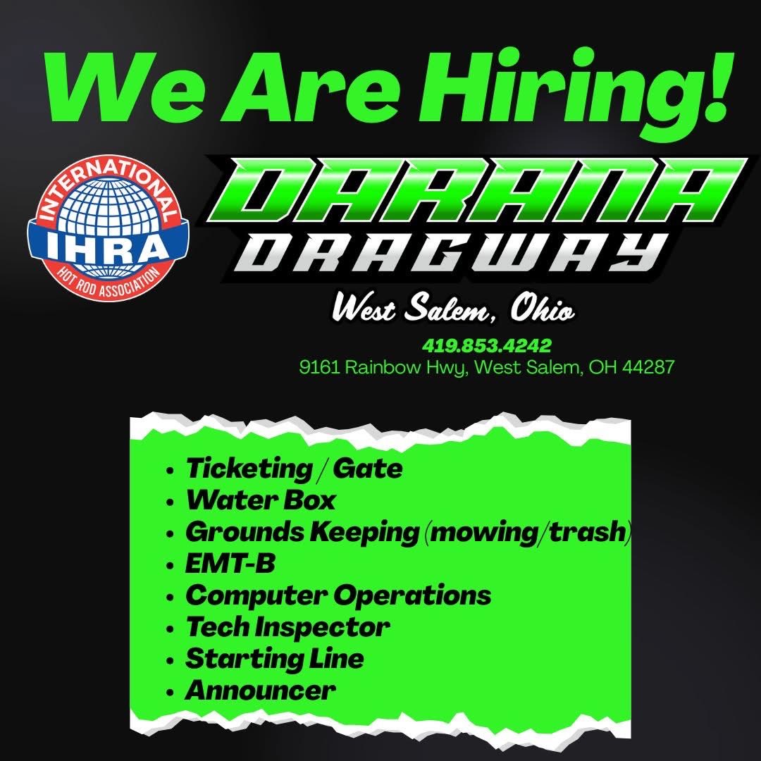 We are looking to add to our team! If you or someone you know is looking for a pretty awesome position, please visit our website at dragway42.com/employment/ to get an application. There are many positions available! Evenings and weekends are a must! #hiringnow #IHRA