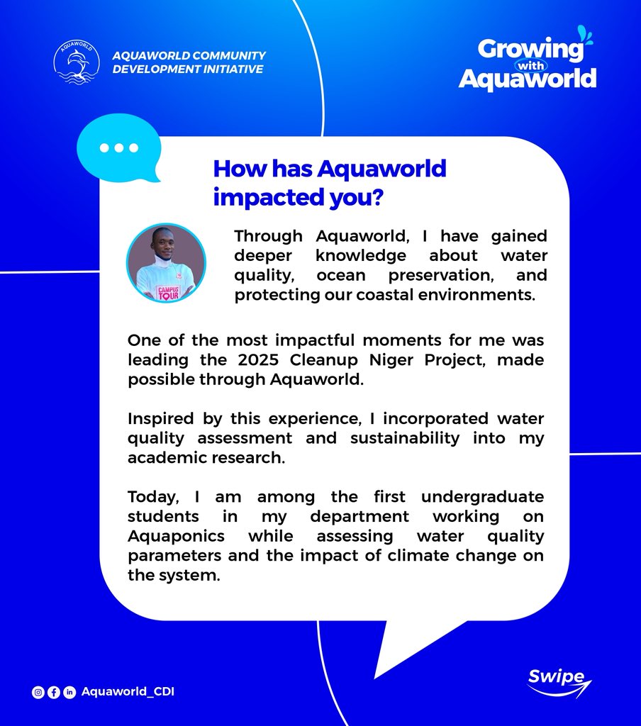 🎙️ 𝗚𝗥𝗢𝗪𝗜𝗡𝗚 𝗪𝗜𝗧𝗛 𝗔𝗤𝗨𝗔𝗪𝗢𝗥𝗟𝗗 – 𝗘𝗣𝗜𝗦𝗢𝗗𝗘 𝟰

Our series spotlighting voices from the Aquaworld CDI Time-Out Team continues.

Meet Muhammed Awwal—from discovering Aquaworld online to leading the Cleanup Niger Project and advancing research in aquaponics