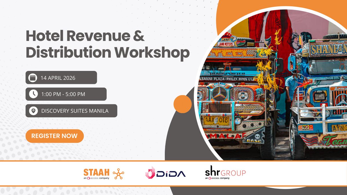 STAAHOnline's tweet image. Join STAAH, DIDA &amp;amp; SHR in Manila for our Hotel Revenue &amp;amp; Distribution Workshop at Discovery Suites Manila! Enjoy an interactive afternoon of insights, discussions, and networking with fellow hoteliers.

Reserve your spot now: go.staah.com/hotel-revenue-…

 #STAAH #staahonline