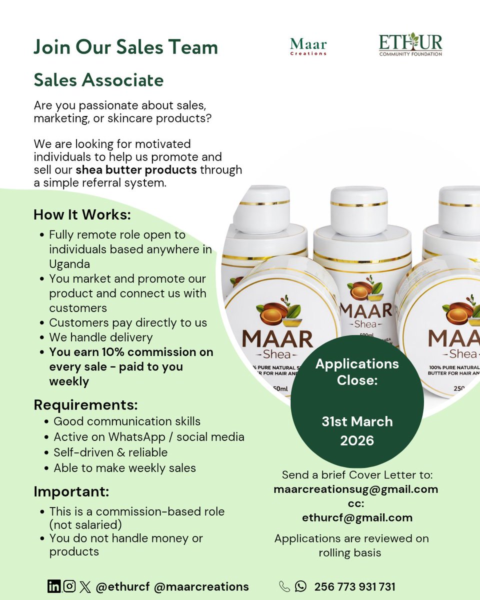 ethurcf's tweet photo. Looking for a flexible way to earn while being part of something meaningful?
Join our team as a Shea Butter Sales Associate and earn 10% commission on every sale; from anywhere in Uganda.
Work remotely. Earn commission. Grow with a purpose-driven social enterprise.
#ethurcf https://t.co/s8kC0q9TsW