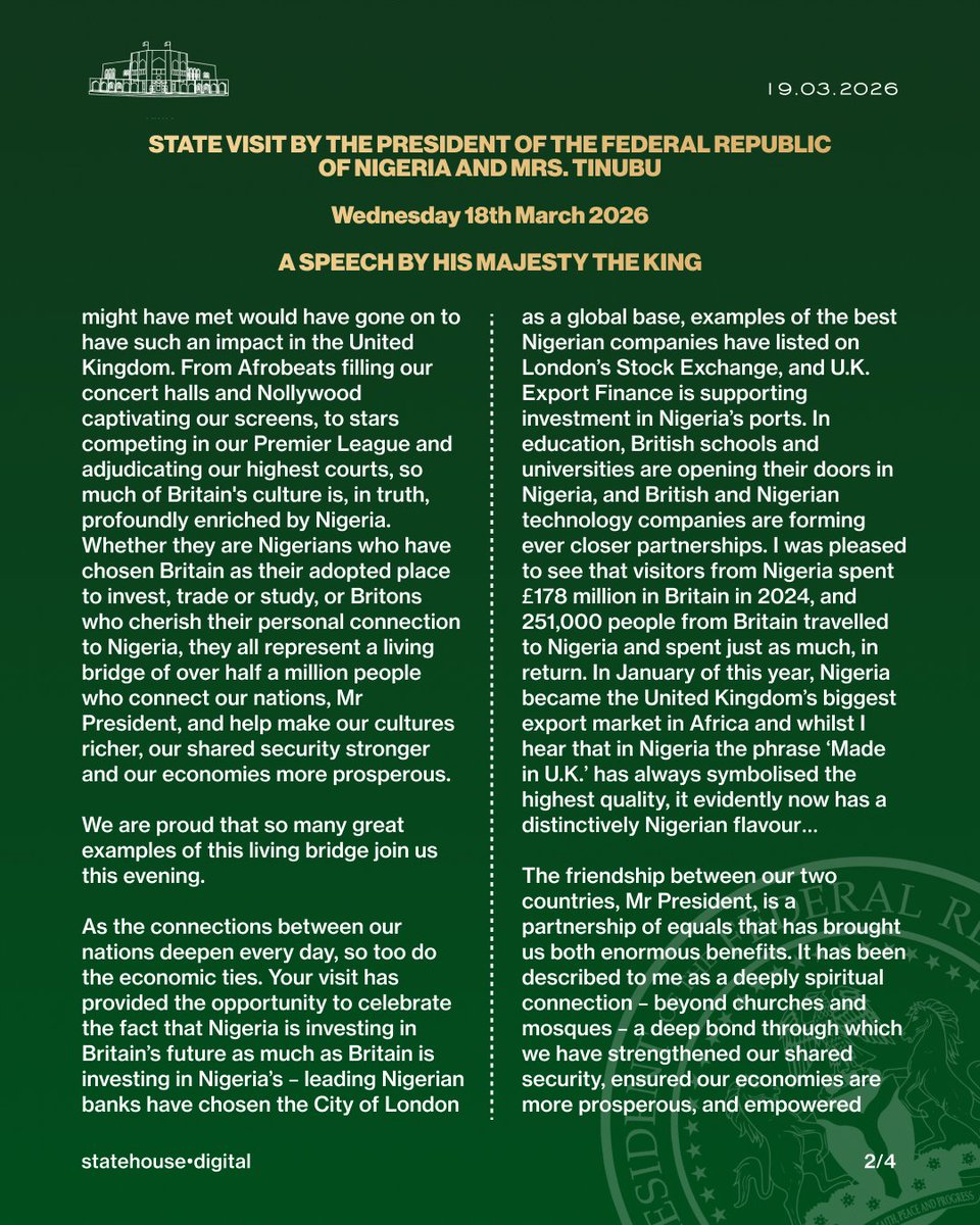 voiceofnigeria's tweet photo. Speech by His Majesty the King π³π¬π¬π§
@asovilladigital | @UKinNigeria
#StateVisit #NigeriaUK #PartnershipsThatWork #RoyalVisit https://t.co/ZqNtbcZRN5