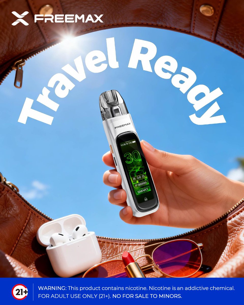 Freemaxvape's tweet photo. Packed and ready. ✈️
Don’t forget your REXA PRO.
Smart screen. Powerful 1300mAh battery. Made to move with you.
.
.
.
.
.
⚠️ Warning: This product contains nicotine. Nicotine is an addictive chemical.
🔞 Must be 21+.
-
#freemax #TravelReady #REXAPRO #SmartVaping #TouchscreenTech https://t.co/deWtuiyBkS
