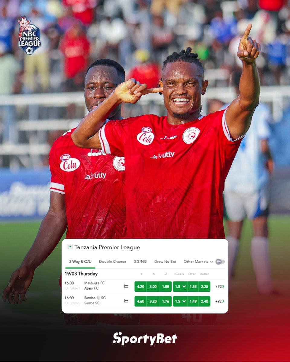 sportybettz's tweet photo. Unabeti vipi leo hapa?π€ͺβ½πΉπΏ Tumia link π hii kuweka mkeka wako wa Ligi Kuu ya NBC!
https://t.co/zBj2GZ27dL
#LigiKuu #SimbaSC #NBCPL #AzamFC #Mashujaafc #PambaJijiFC #NBCPremierLeague #Soka #Tanzania https://t.co/0VVOiqohUx