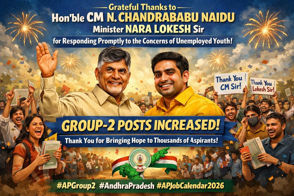vickyvikas01's tweet photo. @apjobaspirants @AndhraPradeshCM @ncbn @naralokesh @chiranjeevimlc @JaiTDP @rajasekharam66 @SrikanthMLC @Bhumireddymlc @tdjanardhan @katchannaidu @PayyavulaOffl @MinisterSavitha @RamanaiduTDP @SatyaAnagani గౌరవ సీఎం శ్రీ నారా చంద్రబాబు నాయుడు గారికి, మంత్రి శ్రీ నారా లోకేష్ గారికి ధన్యవాదాలు 🙏
Group-2 పోస్టులు పెంచినందుకు కృతజ్ఞతలు. ఇది నిరుద్యోగ యువతకు పెద్ద ఊరట 👍
@ncbn @naralokesh @chiranjeevimlc 
#APGroup2 
#AndhraPradesh 
#APJobCalendar2026 https://t.co/i8QZwdjpGO