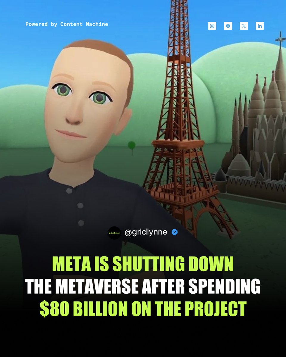 Gridlynne's tweet photo. Meta shut down Horizon Worlds on VR after burning nearly $80B on the metaverse since 2020. Now it’s going all-in on AI, with up to $135B in 2026 spending focused mostly on AI infrastructure. https://t.co/SG3YP15Knf