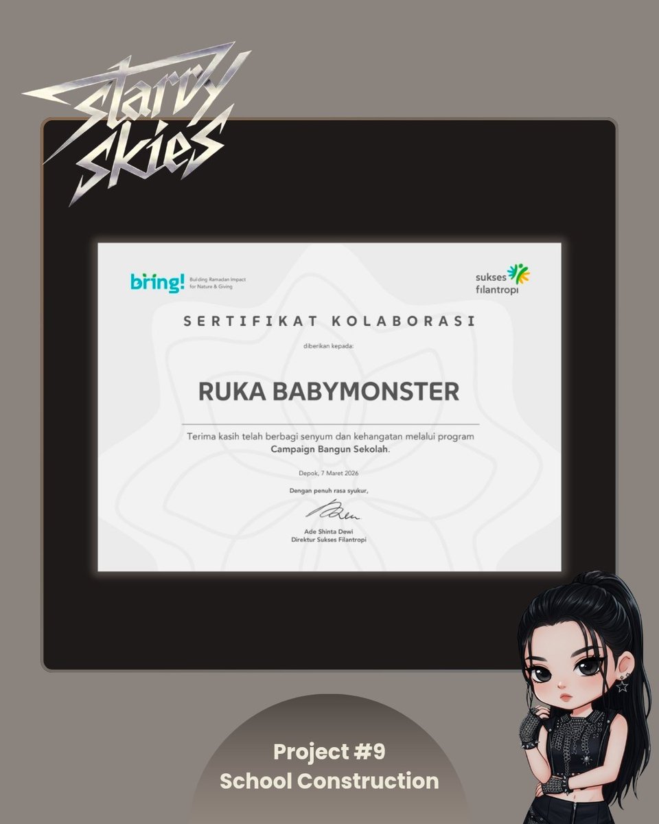 #STARRYSKIES project #9 : School Construction For #RUKA

24 years of RUKA 🦥 one symbol, one action: for the construction of schools in need in Indonesia with Sukses Philanthropy. ✨️ 

#MARCHWITHRUKADAY
#KAWAIRKPROJECT