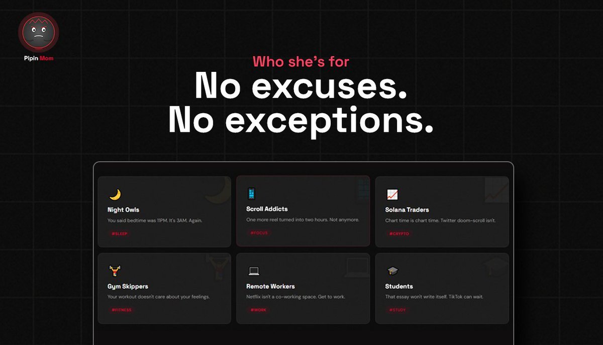 pipinMomSol's tweet photo. Who she’s for. 🔴 No excuses. No exceptions.

🌙 Night Owls
📱 Scroll Addicts
📈 Solana Traders
🏋️ Gym Skippers
💻 Remote Workers
🎓 Students

Different goals. Same rule.

PipinMom enforces the schedule. ⏰

#PipinMom #Pumpfun #Solana #CryptoMarket https://t.co/gWpfns5eHA