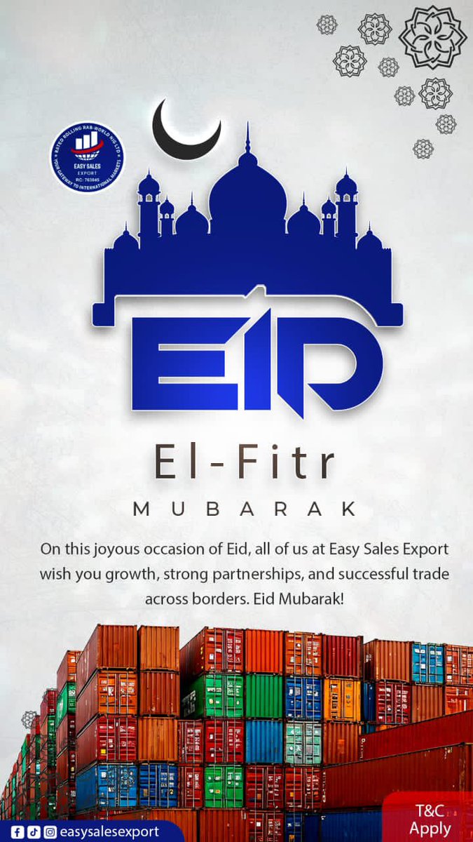 easysalesexport's tweet photo. Eid Mubarak from all of us at Easy Sales Export Ltd 🌙✨
May this beautiful season bring you peace, prosperity, and abundant blessings.

We appreciate our partners, clients, and community for being part of our journey. Together, we grow and succeed.

#EidMubarak #EasySalesExport https://t.co/SXAdxxMfUF