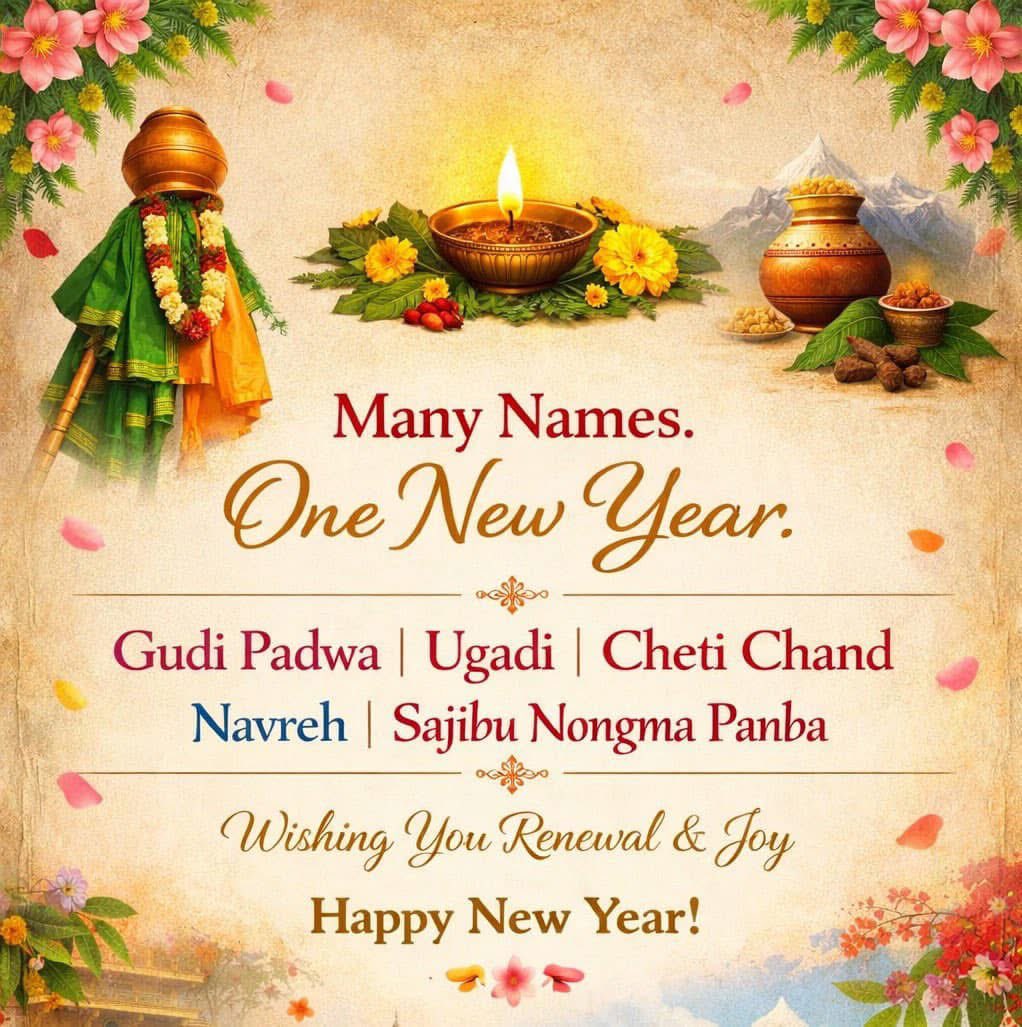 TriptiMegeri's tweet photo. Greetings to you all on the occasion of Gudi Padwa, Ugadi, Cheti Chand, Navreh, Sajibu Nongma Panba.

Different languages, regions but one festival in different name celebrating the Indian New Year. 

Wishing everyone a year of growth &amp; grace.🙏 https://t.co/Ans7hj6fY3