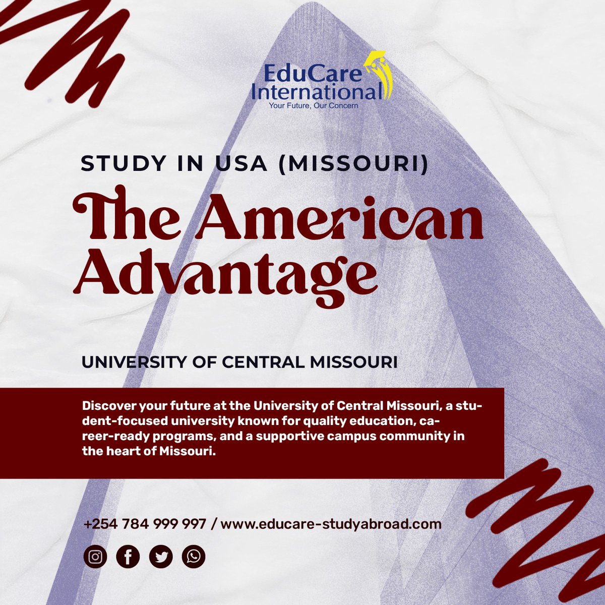EducareI's tweet photo. Your American dream starts in Missouri 🇺🇸

Study at the University of Central Missouri and enjoy:

Budget-friendly tuition fees
Wide range of programs (Business, IT, Aviation & more)
Hands-on learning + career opportunities
A vibrant international student experience

Apply with us today, seamless process, zero stress!