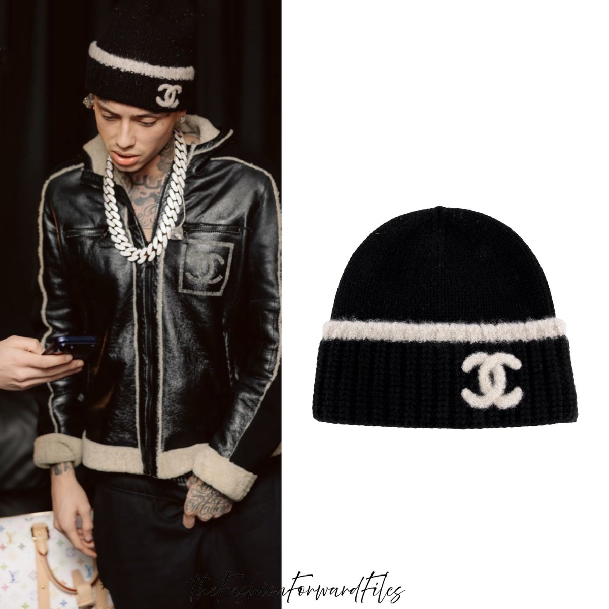 Central Cee wears a Chanel black cashmere beanie hat with a white 