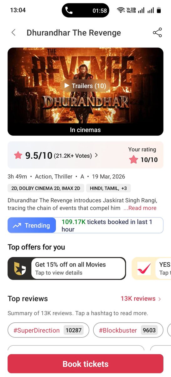 Sachin2846's tweet photo. I'm ready to unveil my thoughts on "Dhurandhar The Revenge," a cinematic tapestry woven with action and intrigue. 🎬✨ So many other souls are drawn to this epic journey, with over 109K tickets claimed in just an hour. 🎟️ #FilmReview https://t.co/ELSOfKgUL8
