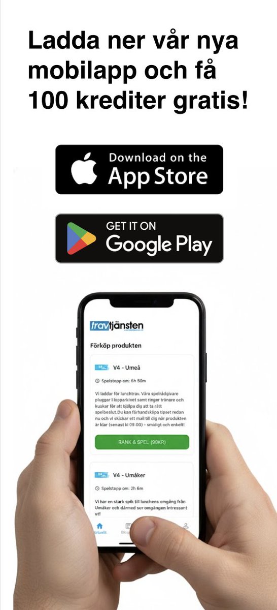 Nyhet! Nu är det ännu smidigare att köpa våra tips. 🐴

Ladda hem vår nya app och få 100 krediter att köpa tips för. Varför inte slå till på ett V4-tips idag till Östersund där vi har het info från Mats Djuse?!💰

Appstore: apps.apple.com/us/app/travtja…

Google:
play.google.com/store/apps/det…