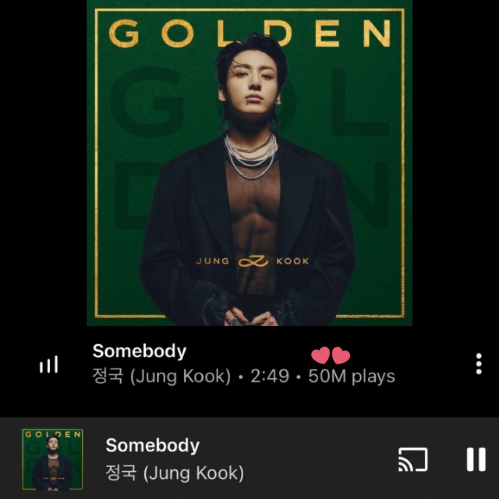 JungKook_Scener's tweet image. #Jungkook’s “#Somebody” official audio has now surpassed 50 Million plays on YouTube Music!🔥

music.youtube.com/watch?v=ONxOGX…

It becomes the 9th track from ‘#GOLDEN’ album to reach this milestone and his 16th overall. 💪🏻