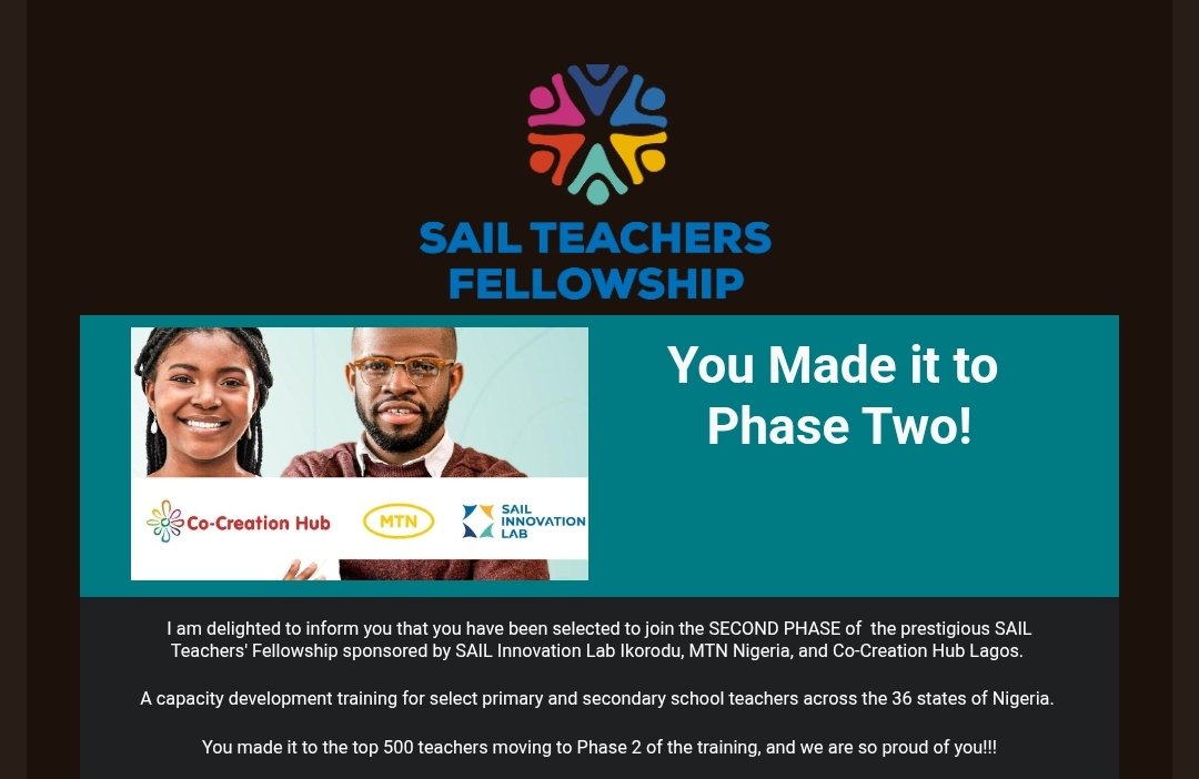 Dee_dulcet's tweet image. Excited to be selected among the Top 500 for the MTN SAIL Fellowship (Phase 2) out of 5,000 teachers that completed phase 1.

Phase 1 was transformative and insightful.

Looking forward to learning even more in Phase 2
#MTNSailFellowship
#Phase2
#TransformativeTeacher