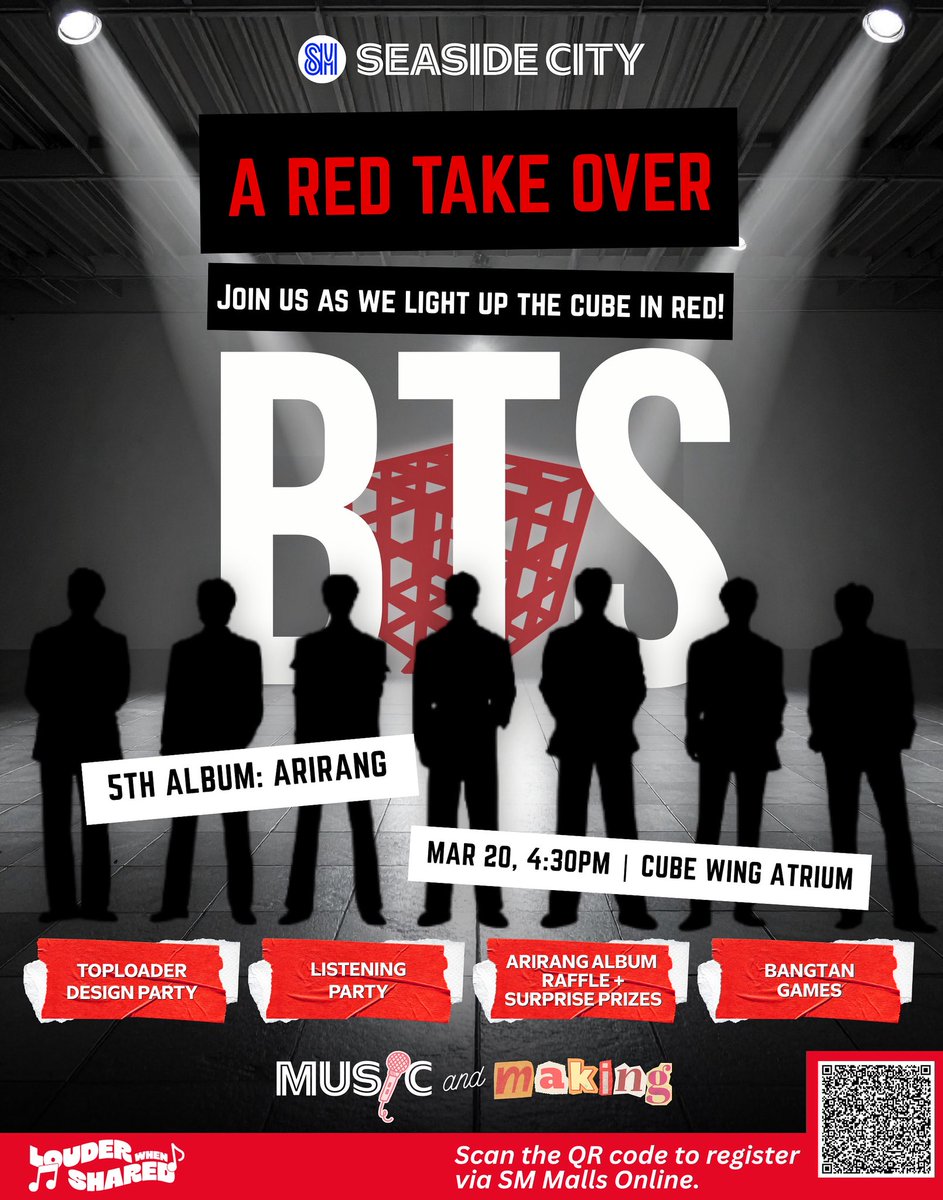 SMSeasideCebu's tweet photo. 📣 ARMYs, get ready for an #AweSM RED TAKEOVER at SM Seaside! Join us as we light up the Cube in red to celebrate the long-awaited comeback of global icons BTS and the launch of their Arirang album. 🔥

#BorahaeWithSM #GalaToTheMax #SMFandom https://t.co/eqcuXMM9hb