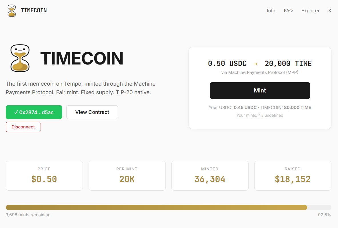 Timeout Coin Just minted $TIMECOIN — the first memecoin on Tempo (Stripe-backed AI ...