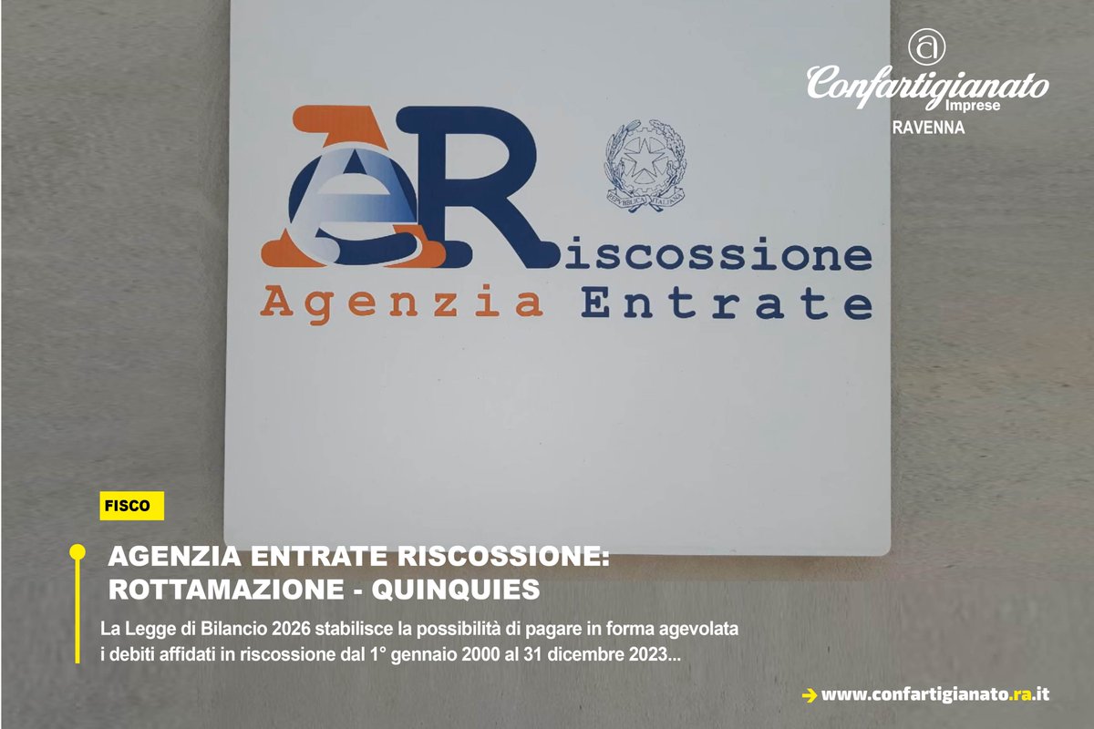 Agenzia Entrate Riscossione, #Rottamazione - quinquies: la Legge di Bilancio 2026 ha stabilito la possibilità di pagare in forma agevolata i debiti affidati in #riscossione dal 1° gennaio 2000 al 31 dicembre 2023. Info: confartigianato.ra.it/news.php?idnew…