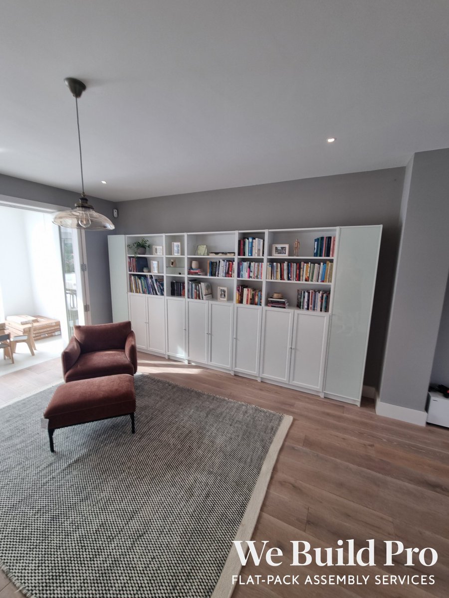 we_build_pro's tweet photo. Full wall of BILLY bookcases done. Open shelving on top, cupboard doors below — loads of storage and it looks great once it's filled out.

We Build. So you don't have to.
Need help with yours? 

DM, call, or WhatsApp 07387 113435 for a free quote.

#WeBuildPro #FlatpackAssembly https://t.co/zk0mXmeWhC