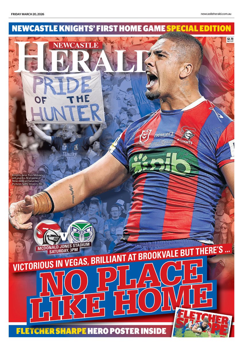 MaxMckinney's tweet photo. Two hit-ups from @BarryToohey in 48 hours. @NRLKnights fans grab Friday's @newcastleherald. Eight-page wrap ahead of first home game. Yarns, poster, draw... @joshuacallinan chimes in too. All online as well📰 @HeathHarro #NRL #RugbyLeague #NRLKnightsWarriors #NewcastleKnights https://t.co/hDzTzFNkCu