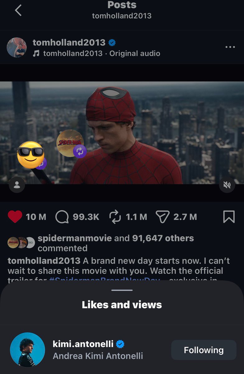 omg kimi antonelli liked the spider-man brand new day trailer 😆😆😆