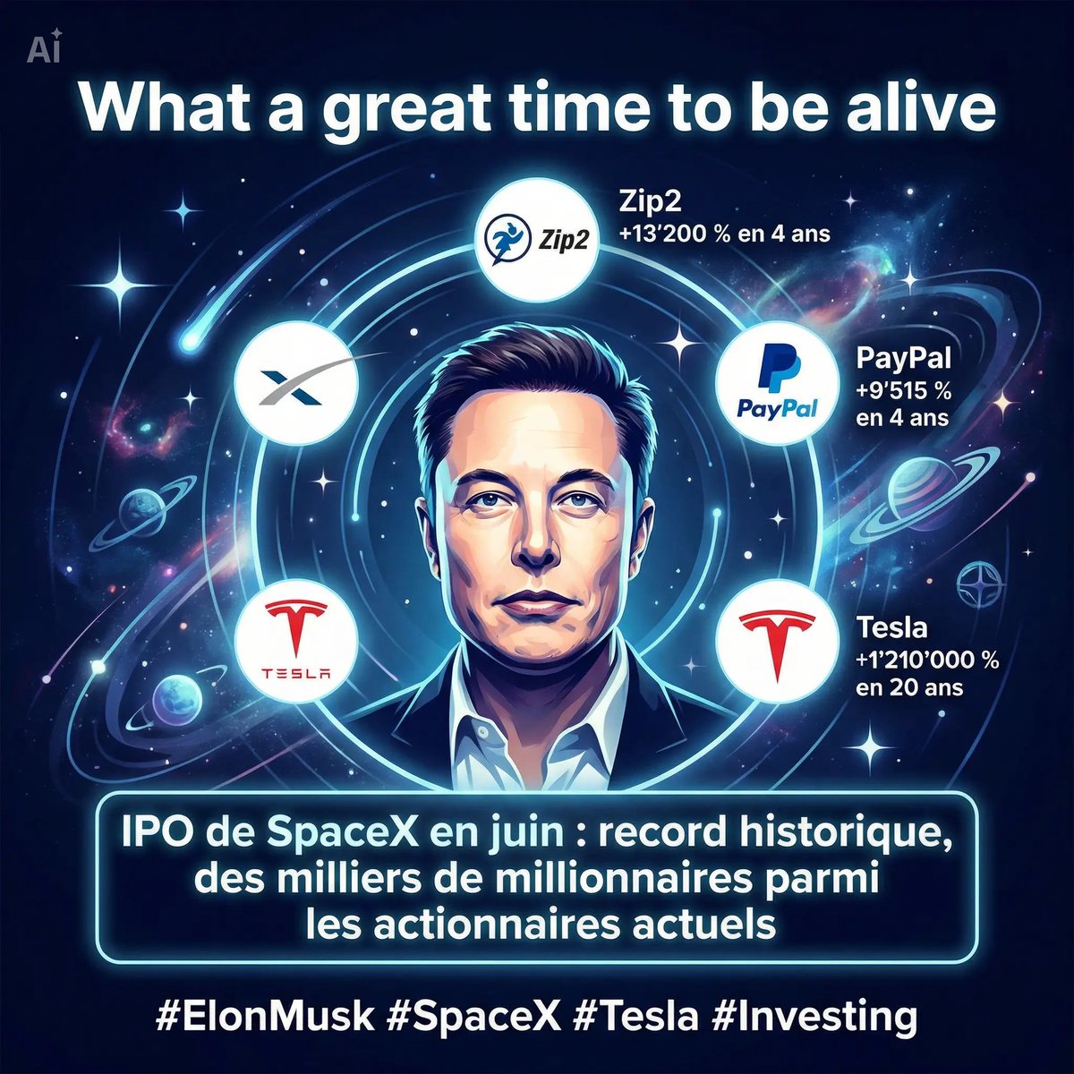 Les entreprises d'Elon Musk sont des mines d'or pour les investisseurs "pre-IPO" :
Zip2 → +13'200 % en 4 ans
PayPal → +9'515 % en 4 ans 
Tesla → +1'210'000 % en 20 ans

Et l'IPO de SpaceX qui arrive en juin ? 

Elle pourrait battre TOUS les records et générer des milliers de