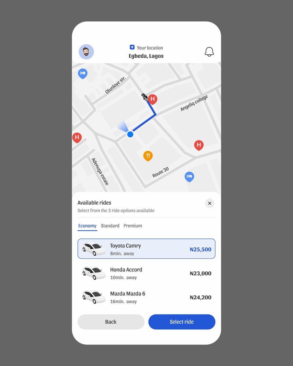 olutimzzy26's tweet image. Day 4 of posting my AI assisted ride-hailing mobile app project.

POV: A simple flow users go through to complete booking a ride.

#ui #ai #mobileapp #flow #viral #ridehailing #ridebooking