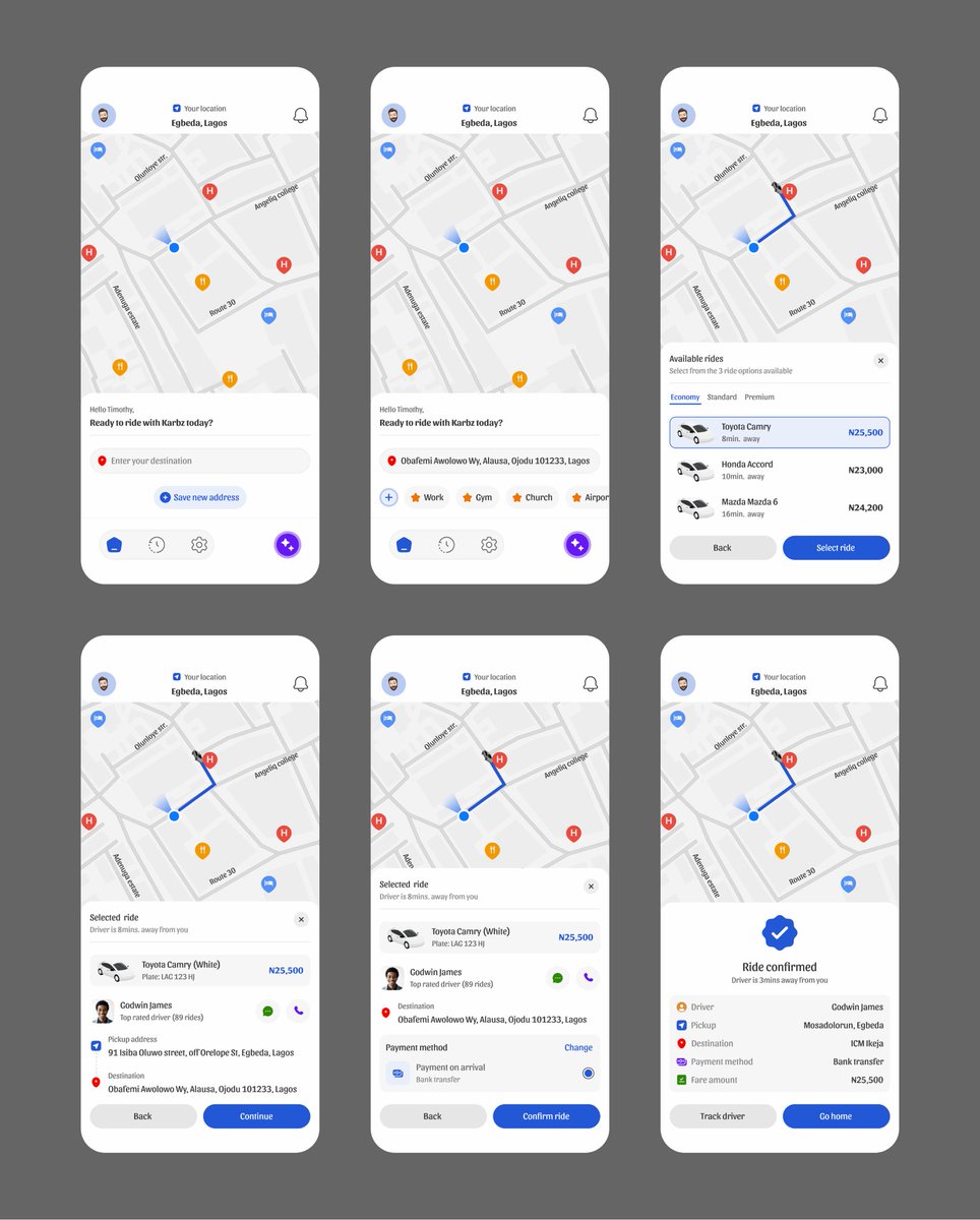 olutimzzy26's tweet image. Day 4 of posting my AI assisted ride-hailing mobile app project.

POV: A simple flow users go through to complete booking a ride.

#ui #ai #mobileapp #flow #viral #ridehailing #ridebooking