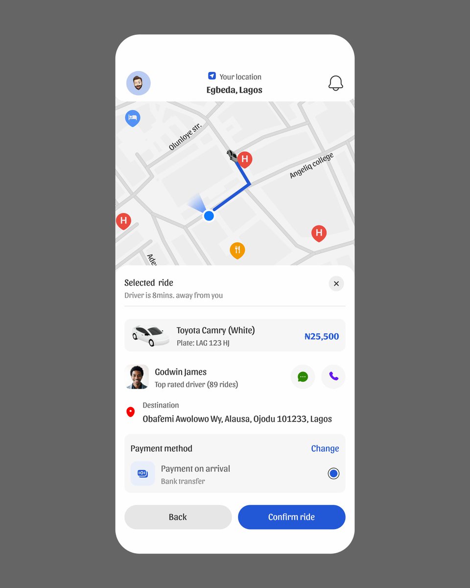 olutimzzy26's tweet image. Day 4 of posting my AI assisted ride-hailing mobile app project.

POV: A simple flow users go through to complete booking a ride.

#ui #ai #mobileapp #flow #viral #ridehailing #ridebooking