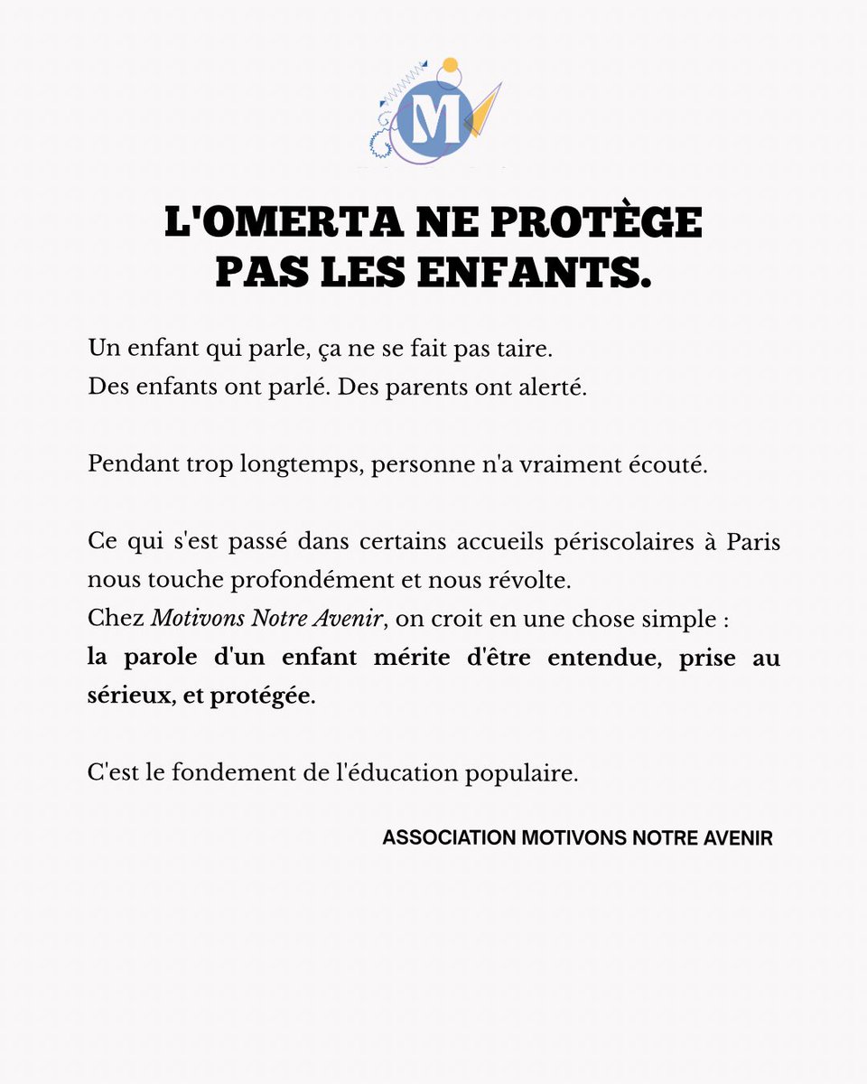 association_mna's tweet photo. L'Omerta ne protège pas les enfants !

On pense aux victimes et à leurs familles. On ne se taira pas.

🔁 Partagez pour que leur parole porte plus loin.

#MotivonsNotreAvenir #Protectiondelenfance 
#LaParoleDesEnfants #ÉducationPopulaire #StopOmerta https://t.co/duNY72yiQM