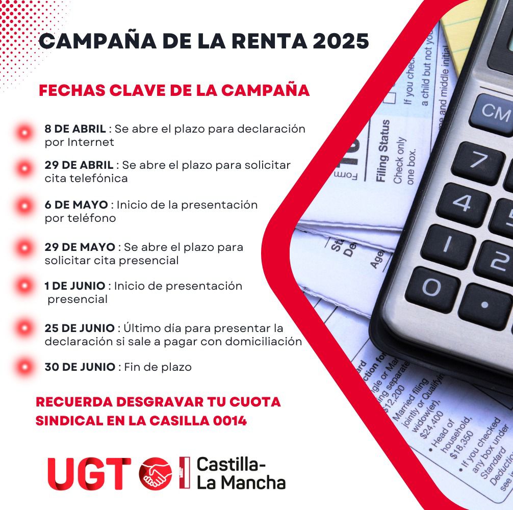 CuencaUgt's tweet photo. Conoce las fechas clave para la campaña de la declaración de la Renta 2025
📢Y recuerda que tu cuota sindical es deducible!!!! https://t.co/8WtzJIftHy