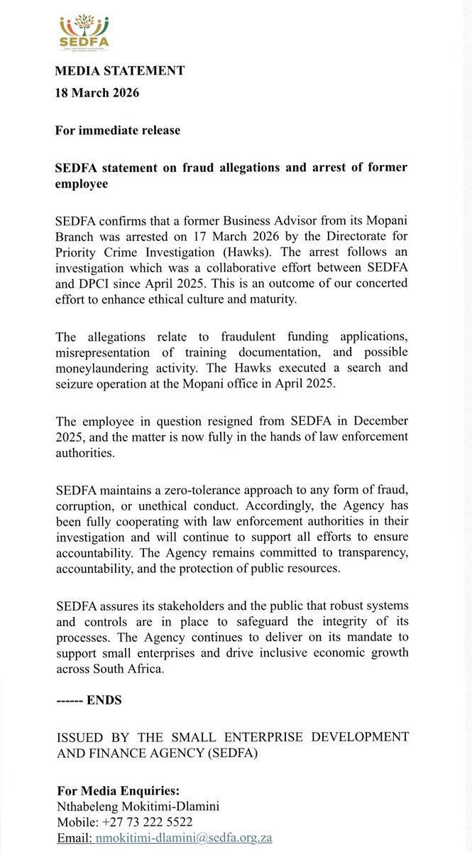 [MEDIA STATEMENT] SEDFA statement on fraud allegations and arrest of ...