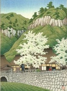 EstherHawdon's tweet photo. "How can we ever lose interest in life?   
 Spring has come again   
 And cherry trees bloom in the mountains"
                            Ryokan  

 (images: Hasui Kawase) https://t.co/shxl224x5g