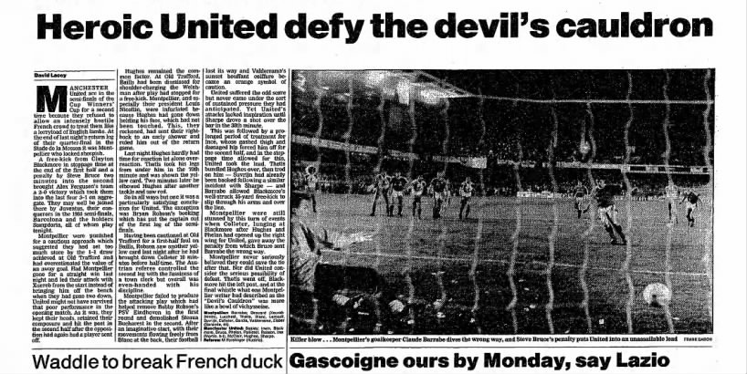 cupwinnerscup91's tweet photo. On this day in 1991, United beat Montpellier 2-0 away from home to reach the semi-final of the Cup Winners' Cup, with goals from Blackmore and Bruce (penalty), setting up a final four clash with Legia Warsaw https://t.co/WJ1yrI1ryB
