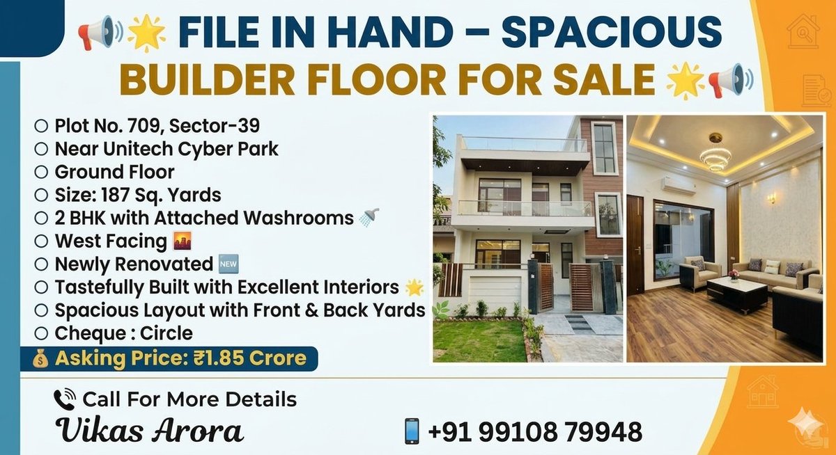 oxford_realtors's tweet image. 🏡Builder Floor for Sale in Gurgaon! 🏡

✔️ Ground Floor Convenience
✔️ 2 BHK with Attached Washrooms
✔️ 187 Sq. Yards of Spacious Living
💰Price: ₹1.85 Crore

📞For details, call: 9910879948

#OxfordRealtors #PropertyForSale #BuilderFloor #DreamHome #RealEstate #2BHK #Home