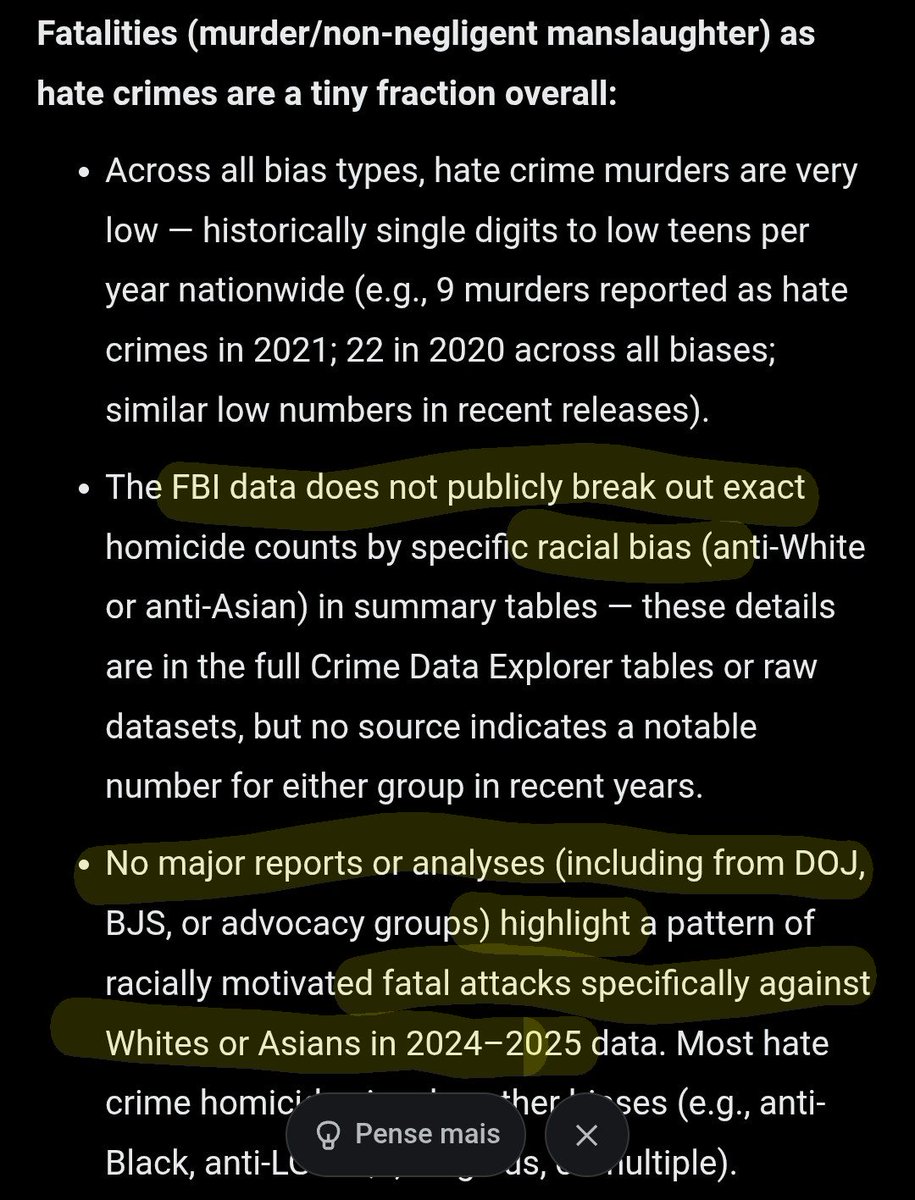 must this not change <a href="/FBIDirectorKash/">FBI Director Kash Patel</a> <a href="/PamBondi/">Pam Bondi</a> <a href="/elonmusk/">Elon Musk</a> <a href="/libsoftiktok/">Libs of TikTok</a> ? official stats for hate murders for ALL groups "except whites"? I wonder if one could scan last 12 months in X with AI on  explicit case reports, for an estimate